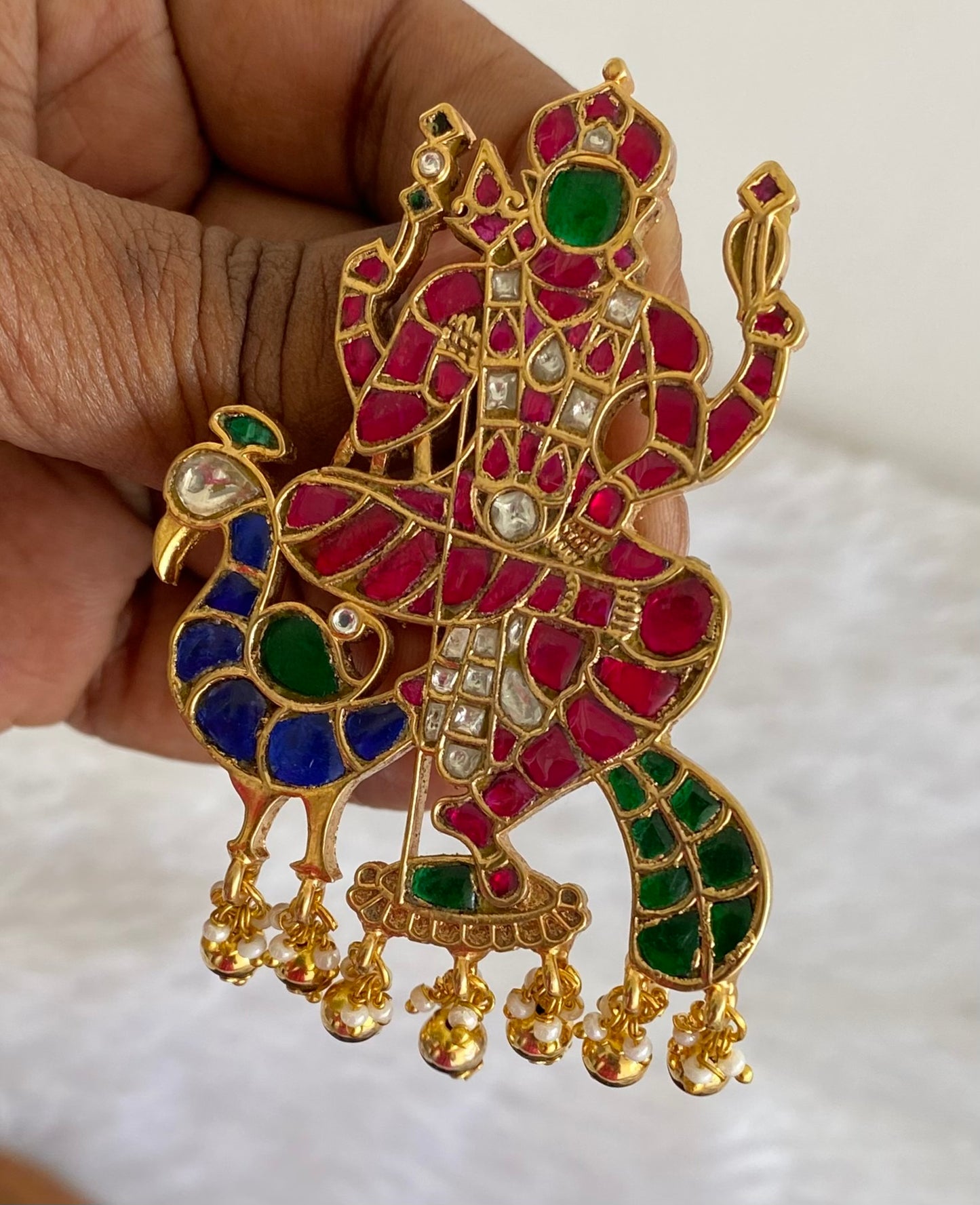 Gold tone pink-green-white-blue kundan jadau peacock Karthikeyan pendant dj-44217