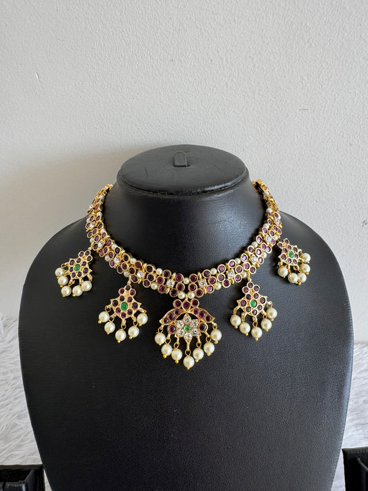 Gold tone precious kemp-green-white pearl necklace dj-52256