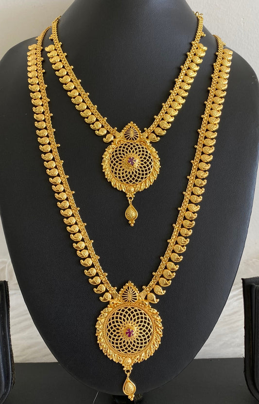 Gold tone ruby stone mango flower combo set dj-54291