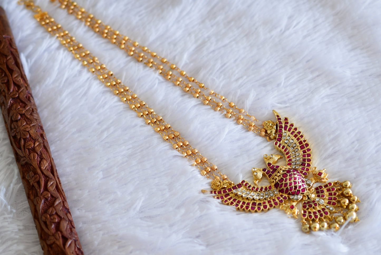 Gold tone pink-white kundan jadau ganda berunda necklace dj-52309