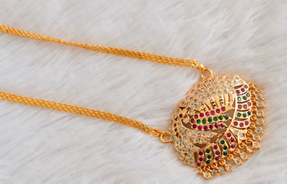 Gold tone AD pink-white-green peacock pendant with chain dj-53319