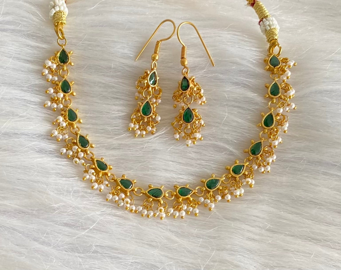 Antique gold tone green kundan jadau pearl necklace set dj-54151