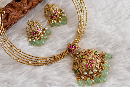 Antique gold tone pink-green kundan jadau kante necklace set dj-52420