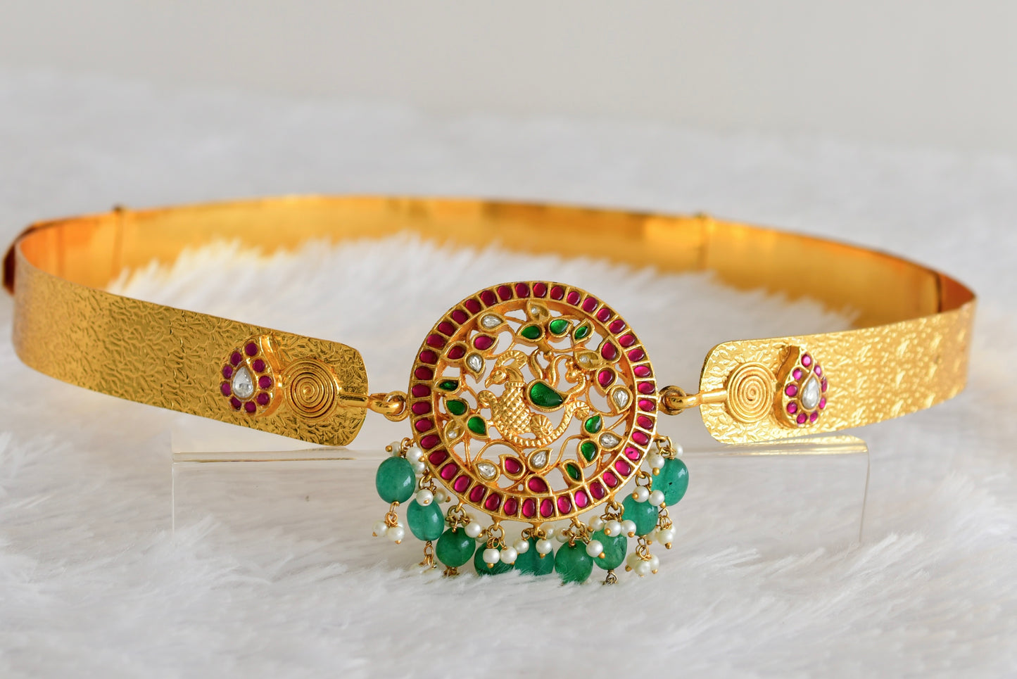 Gold tone pink-green-white kundan jadau Peacock mango waist band dj-52174
