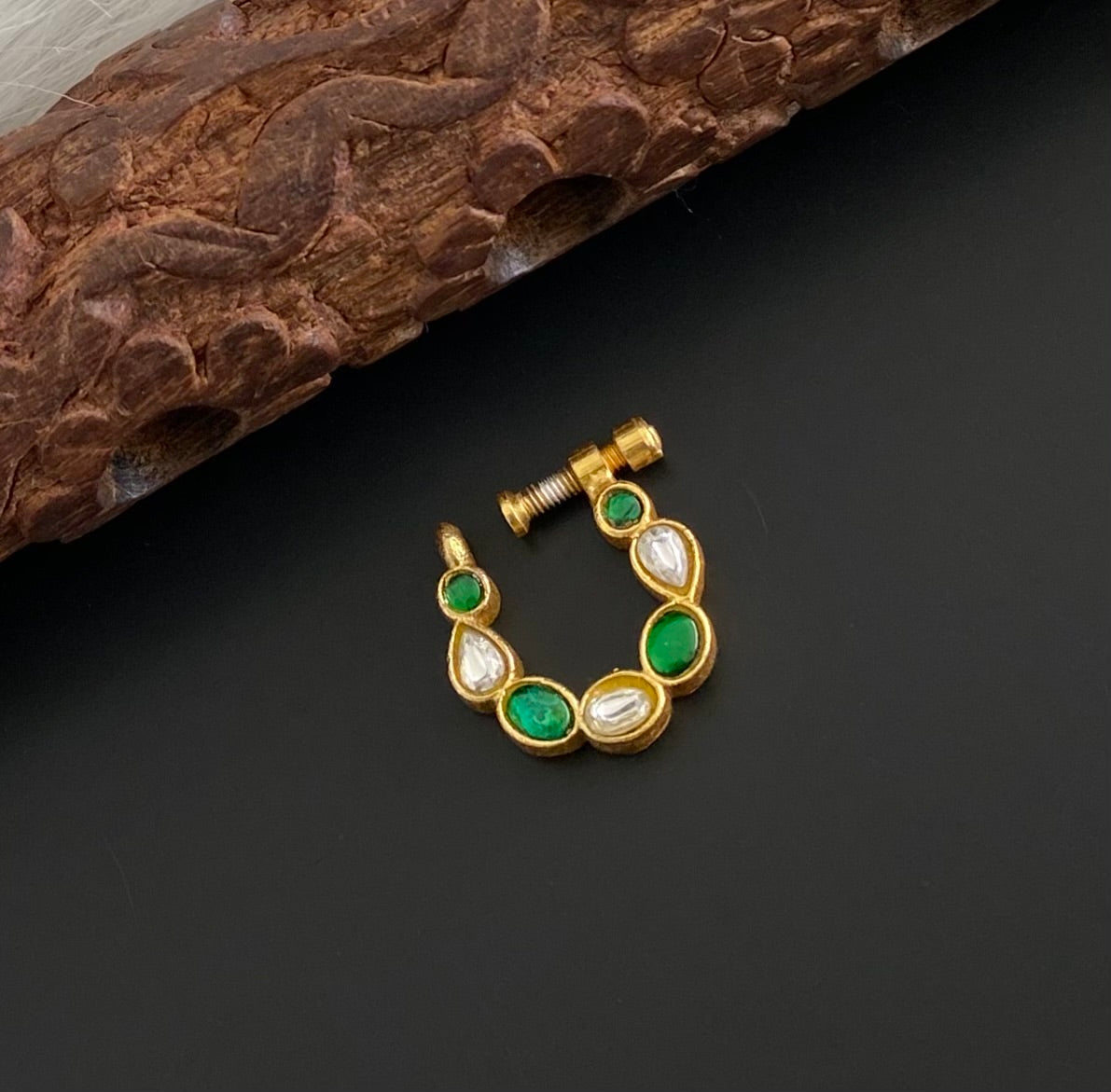 Gold tone kundan jadau green-white stone nose pin dj-53728