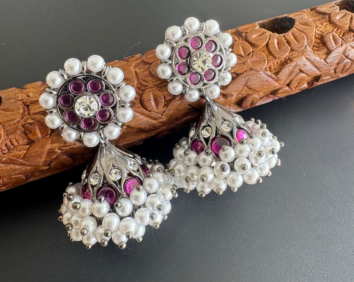 Black finish precious kemp-white stone pearl jhumkka dj-51255