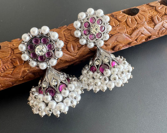 Black finish precious kemp-white stone pearl jhumkka dj-51255