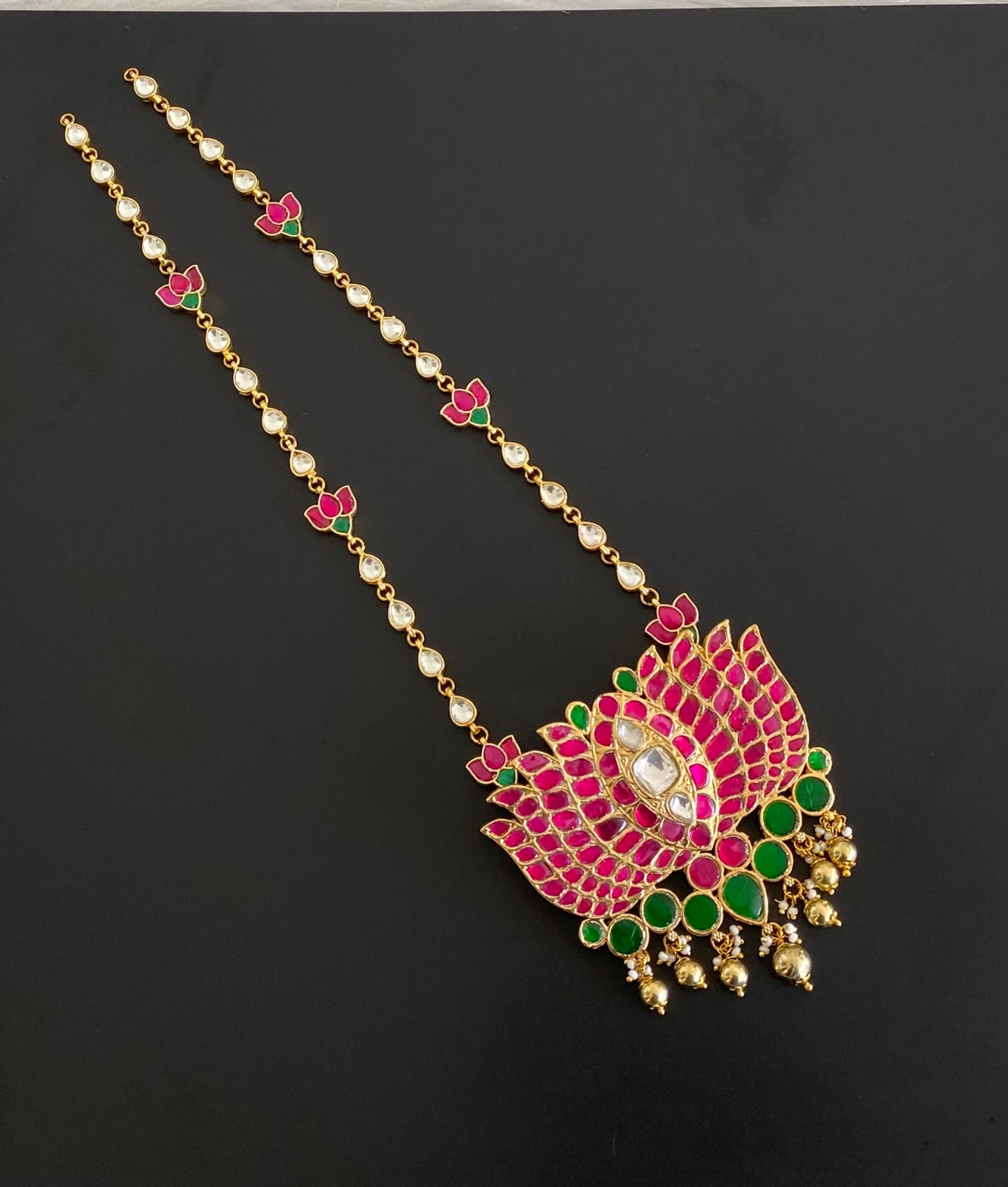 Gold tone pink-green kundan jadau lotus pendant necklace dj-54608