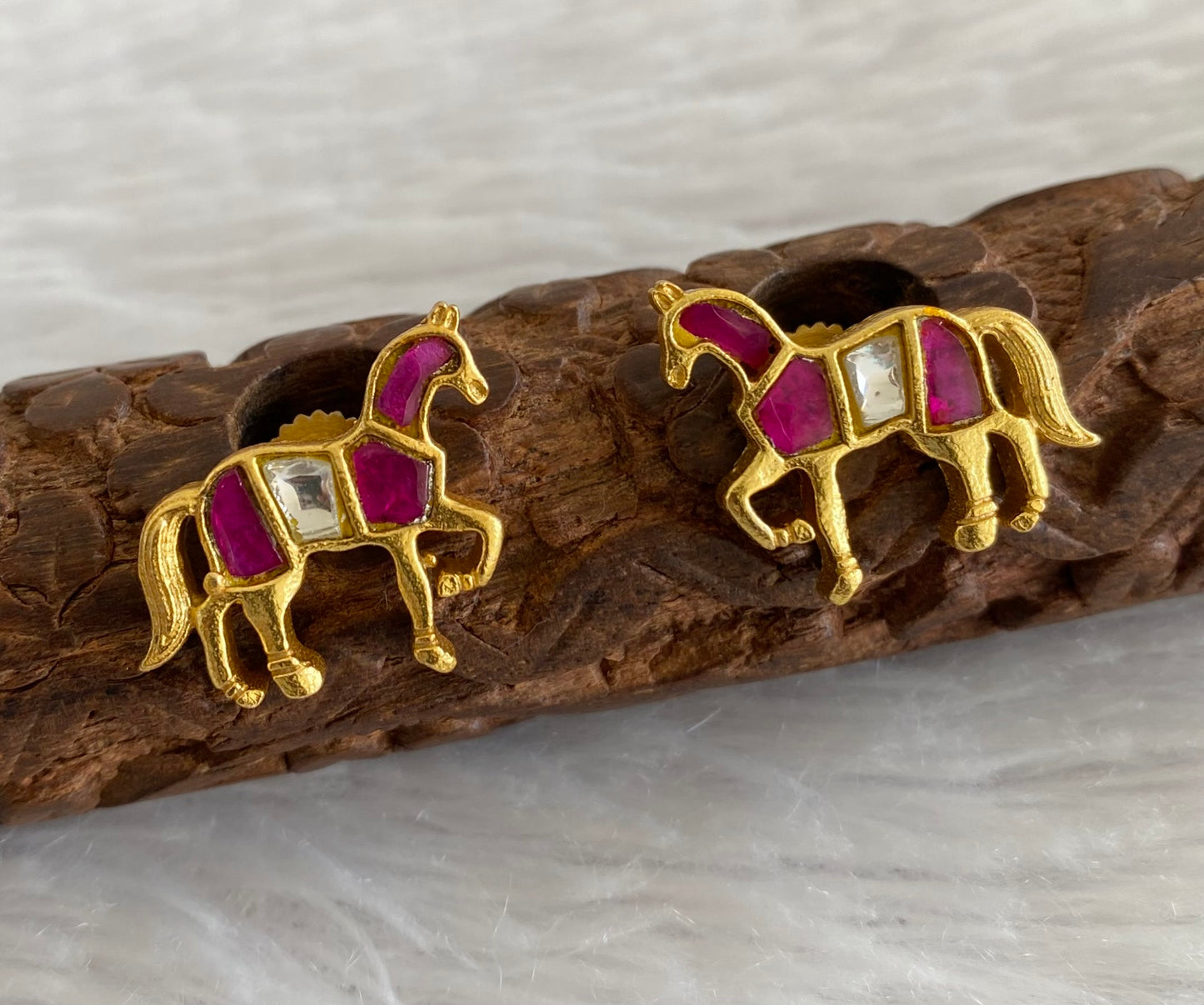Gold tone pink-white kundan jadau horse earrings dj-53540