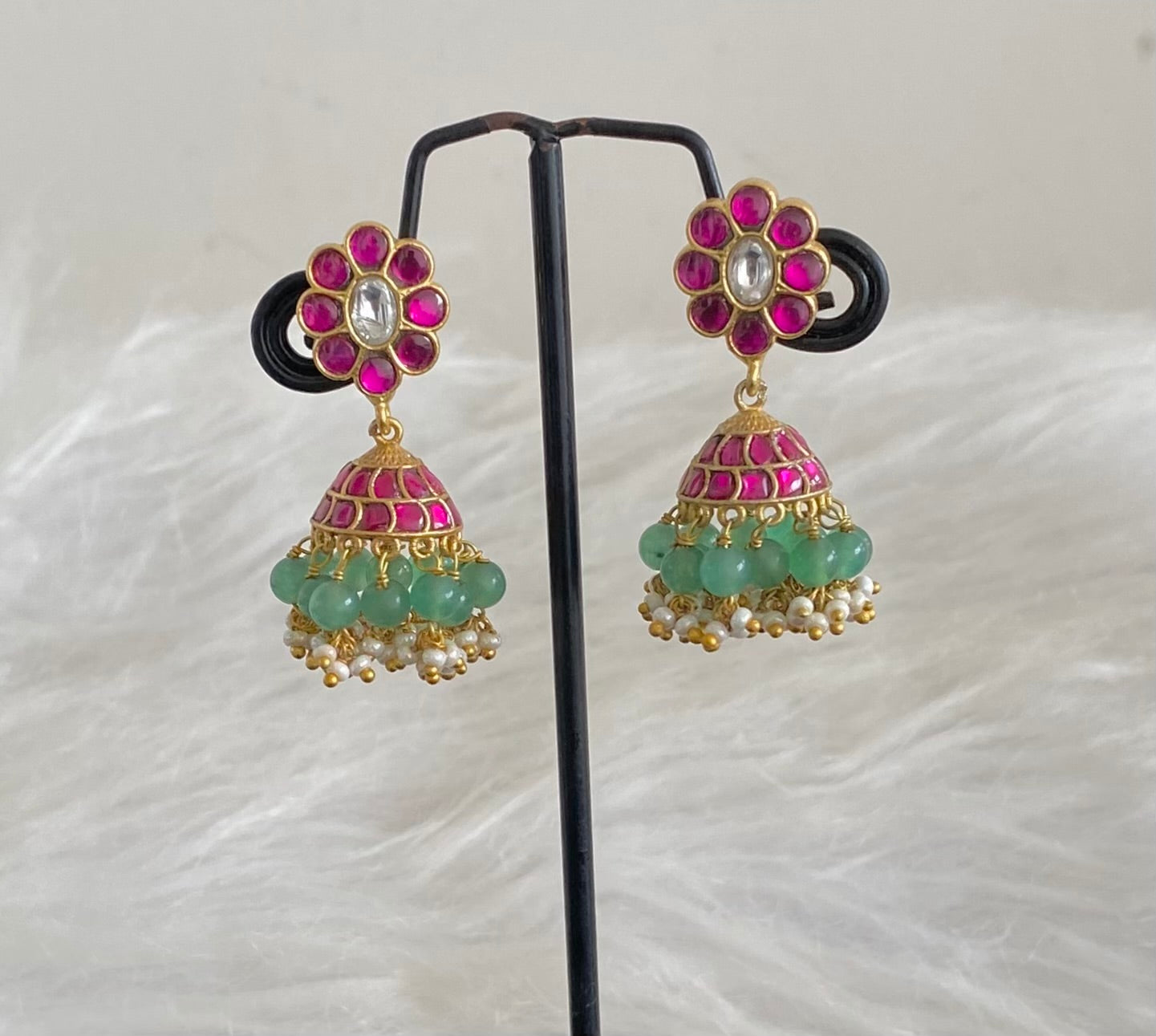 Gold tone pink-white stone kundan jadau green beaded jhumkka  dj-54586