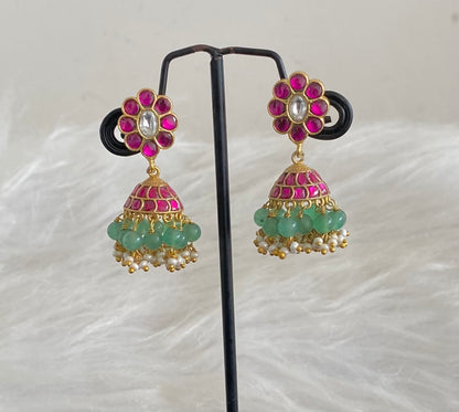 Gold tone pink-white stone kundan jadau green beaded jhumkka  dj-54586