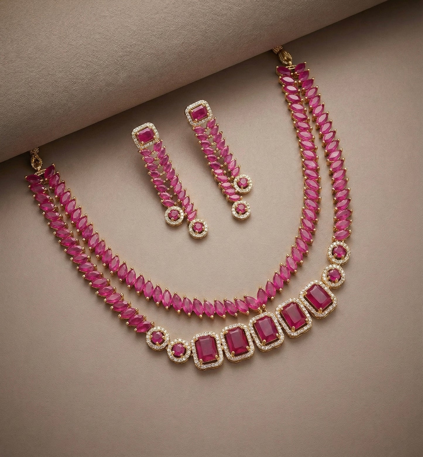 Gold tone cz ruby double layer necklace set DJ24539