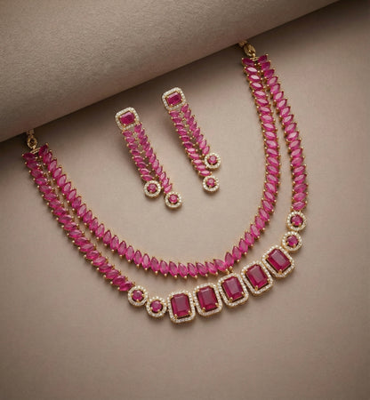 Gold tone cz ruby double layer necklace set DJ24539