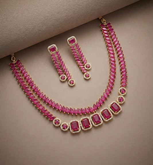 Gold tone cz ruby double layer necklace set DJ24539
