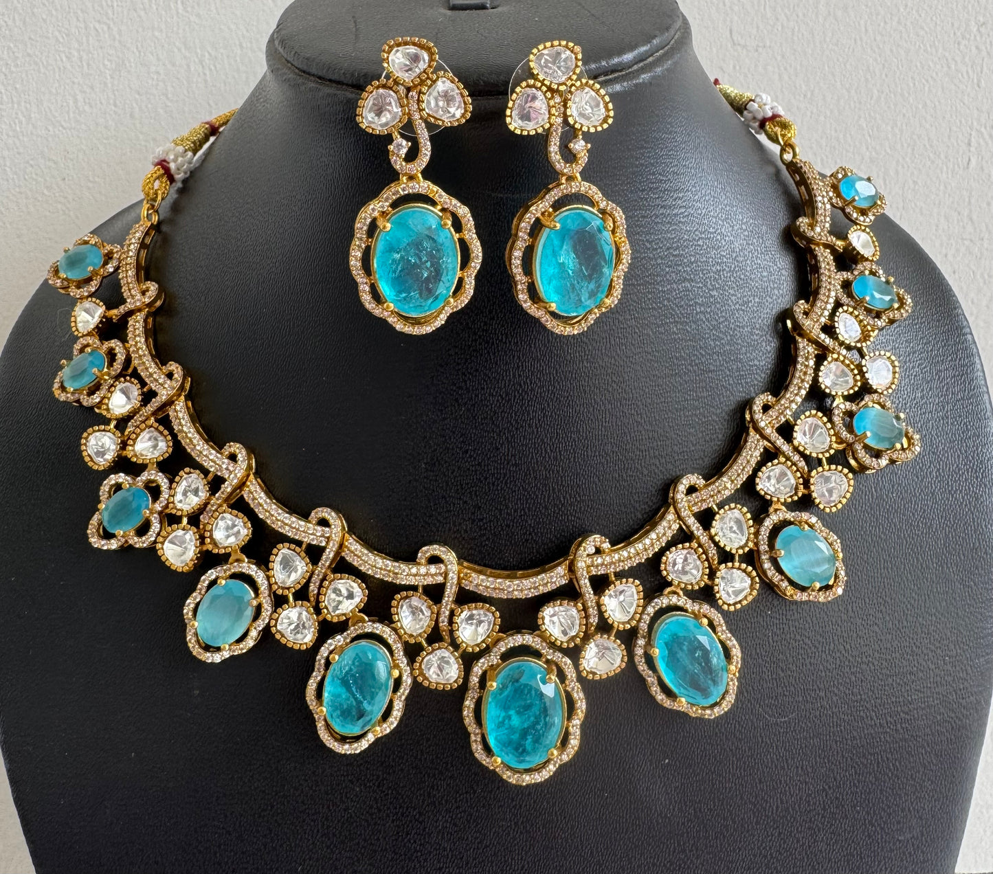 Antique gold tone cz light blue moissanite necklace set dj-51074
