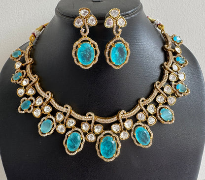 Antique gold tone cz light blue moissanite necklace set dj-51074