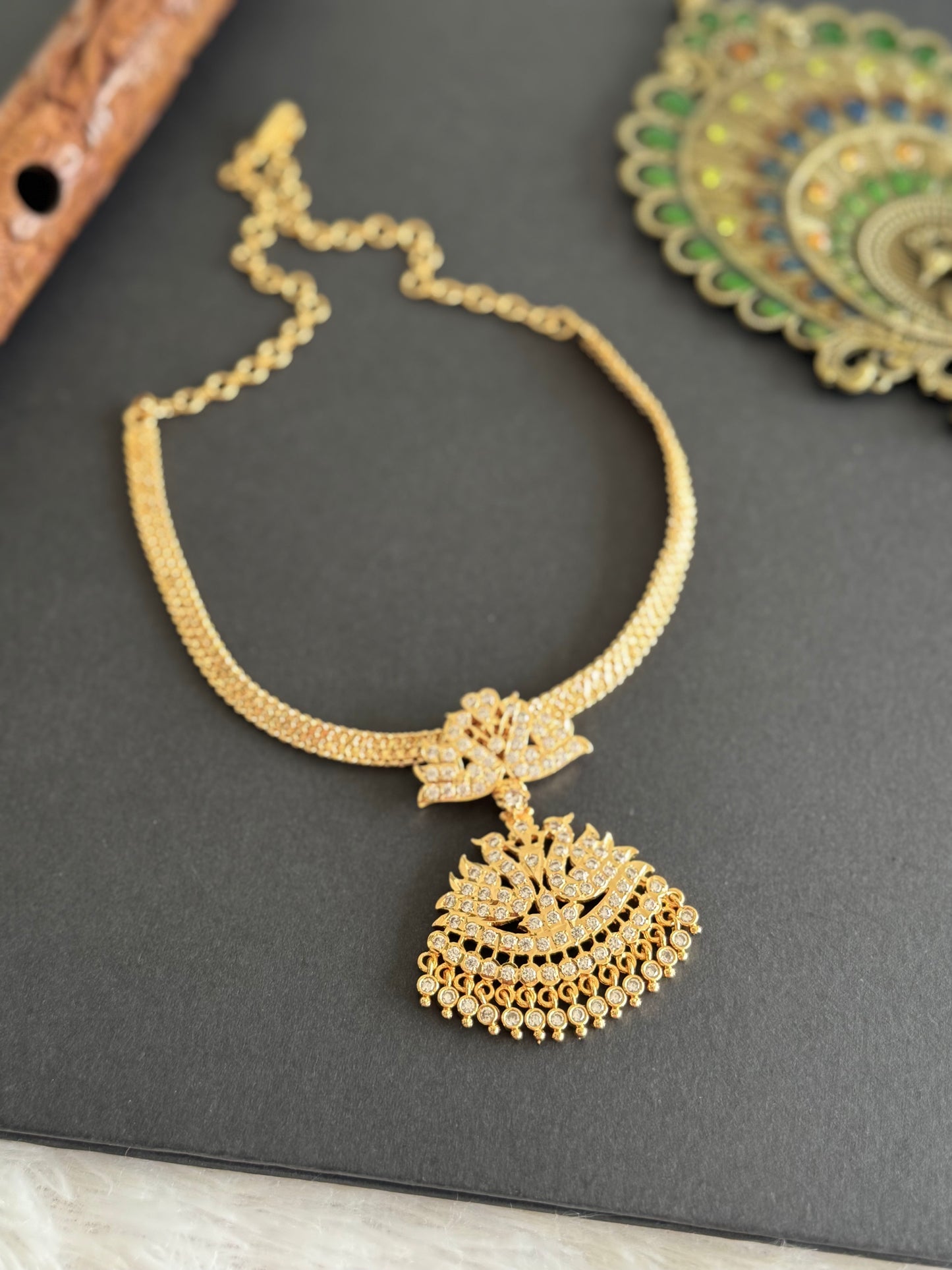 Gold tone South Indian style AD white swan attigai/necklace dj-52211