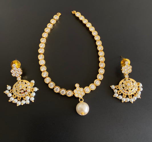 Gold tone AD white stone pearl south indian style necklace set dj-53422