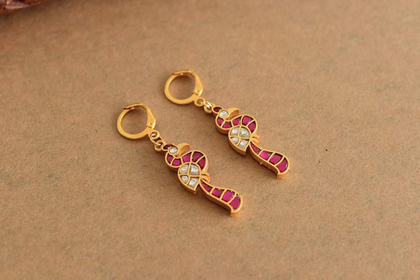 Gold tone pink-white kundan jadau peacock hook earrings dj-51988