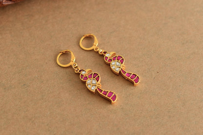 Gold tone pink-white kundan jadau peacock hook earrings dj-51988