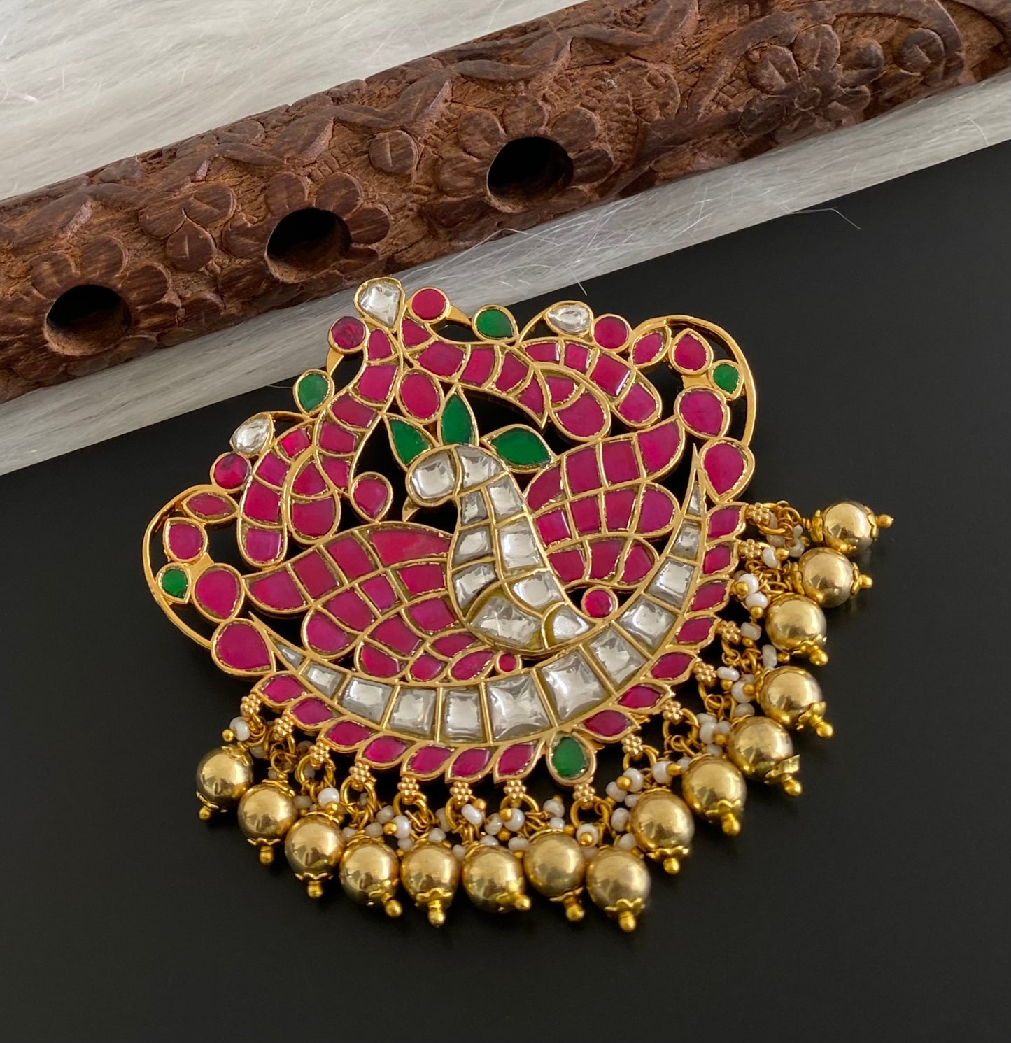 Gold tone pink-green-white kundan jadau peacock pendant dj-53845