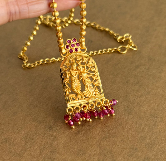 Gold tone pink stone Radhe-Krishna short chain dj-51737