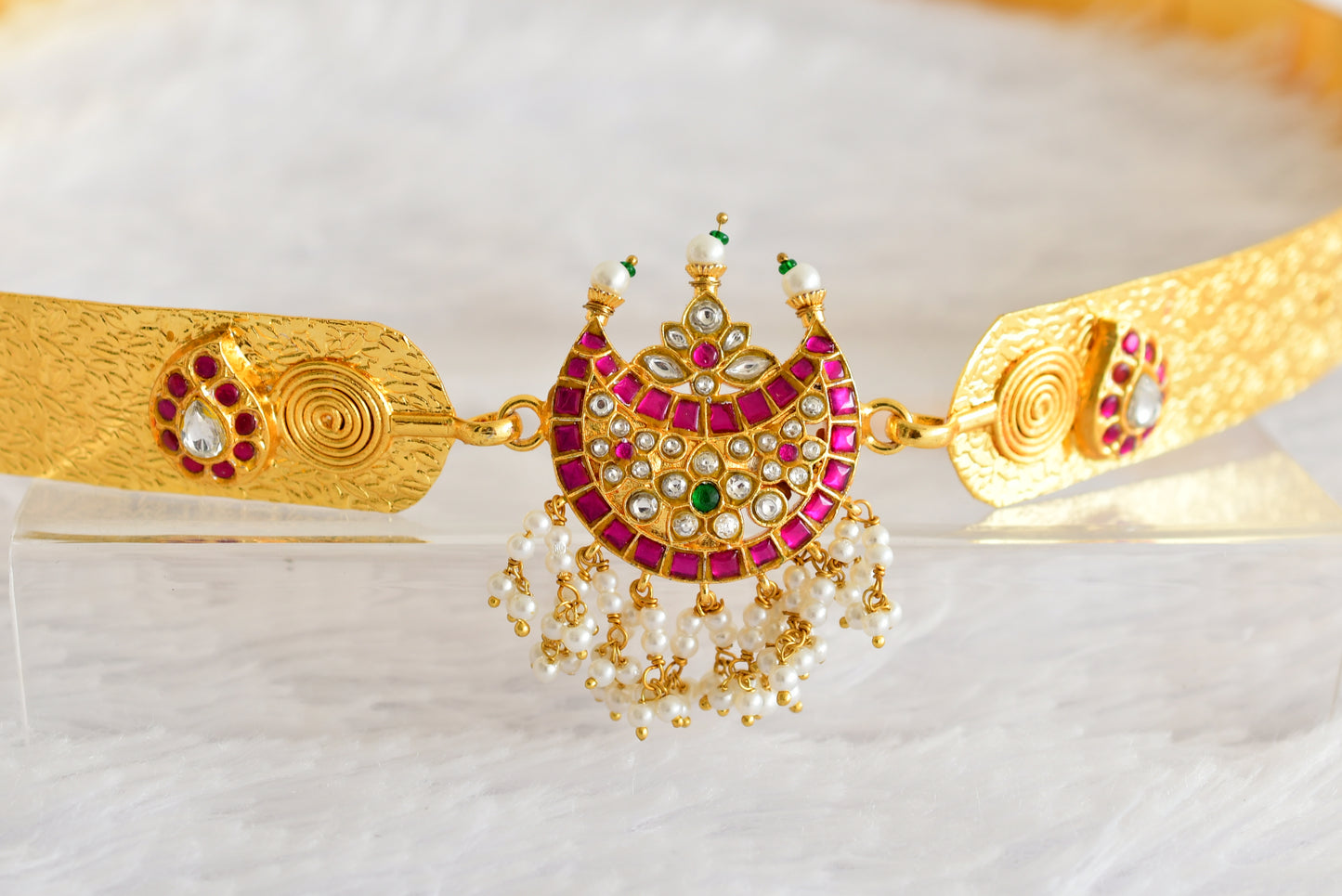 Gold tone pink-green-white kundan jadau moon mango waist band dj-52169