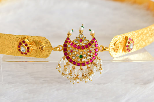 Gold tone pink-green-white kundan jadau moon mango waist band dj-52169