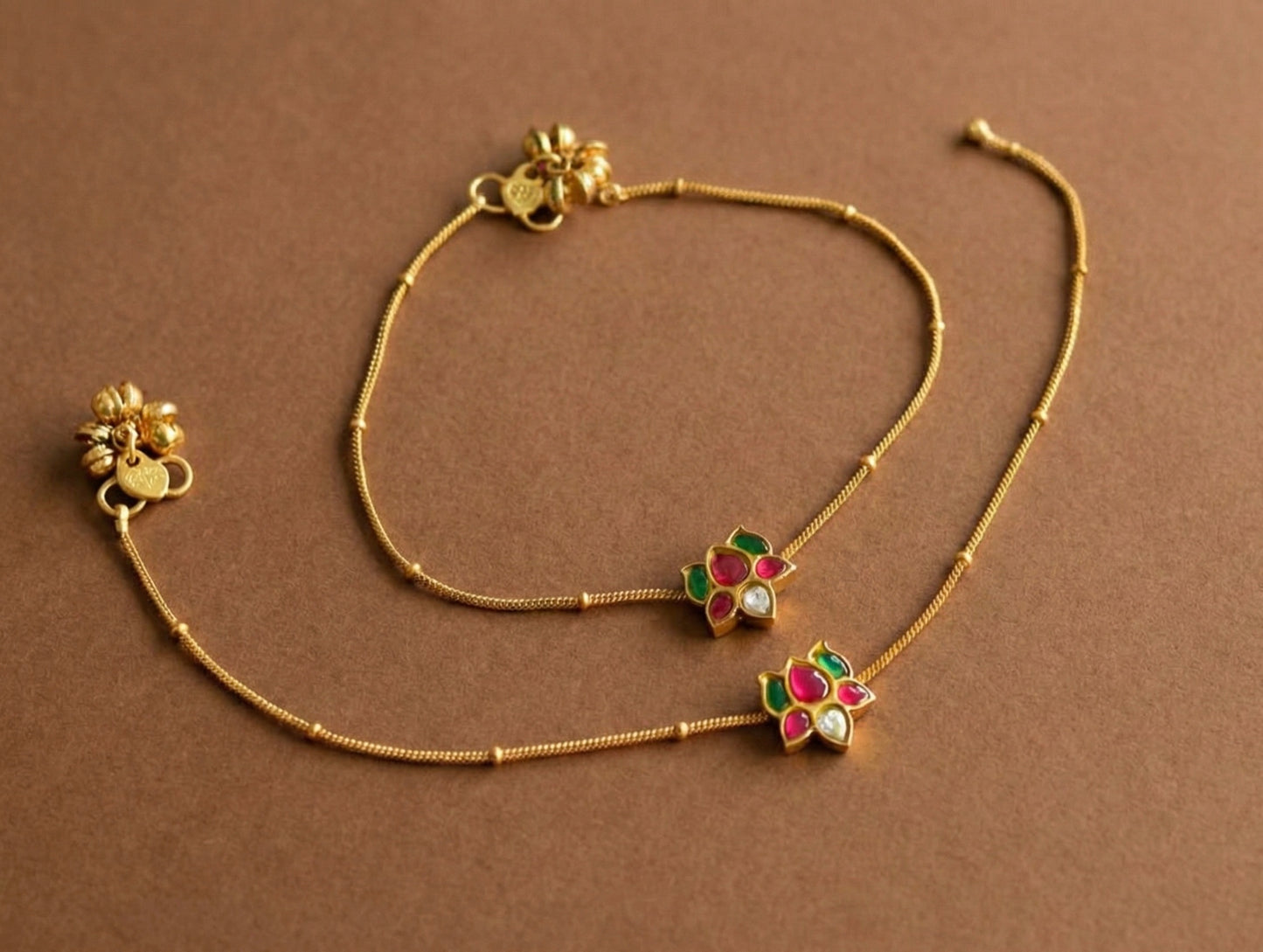Gold tone pink-green-white lotus kundan jadau anklets dj-42967
