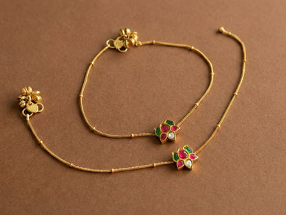 Gold tone pink-green-white lotus kundan jadau anklets dj-42967