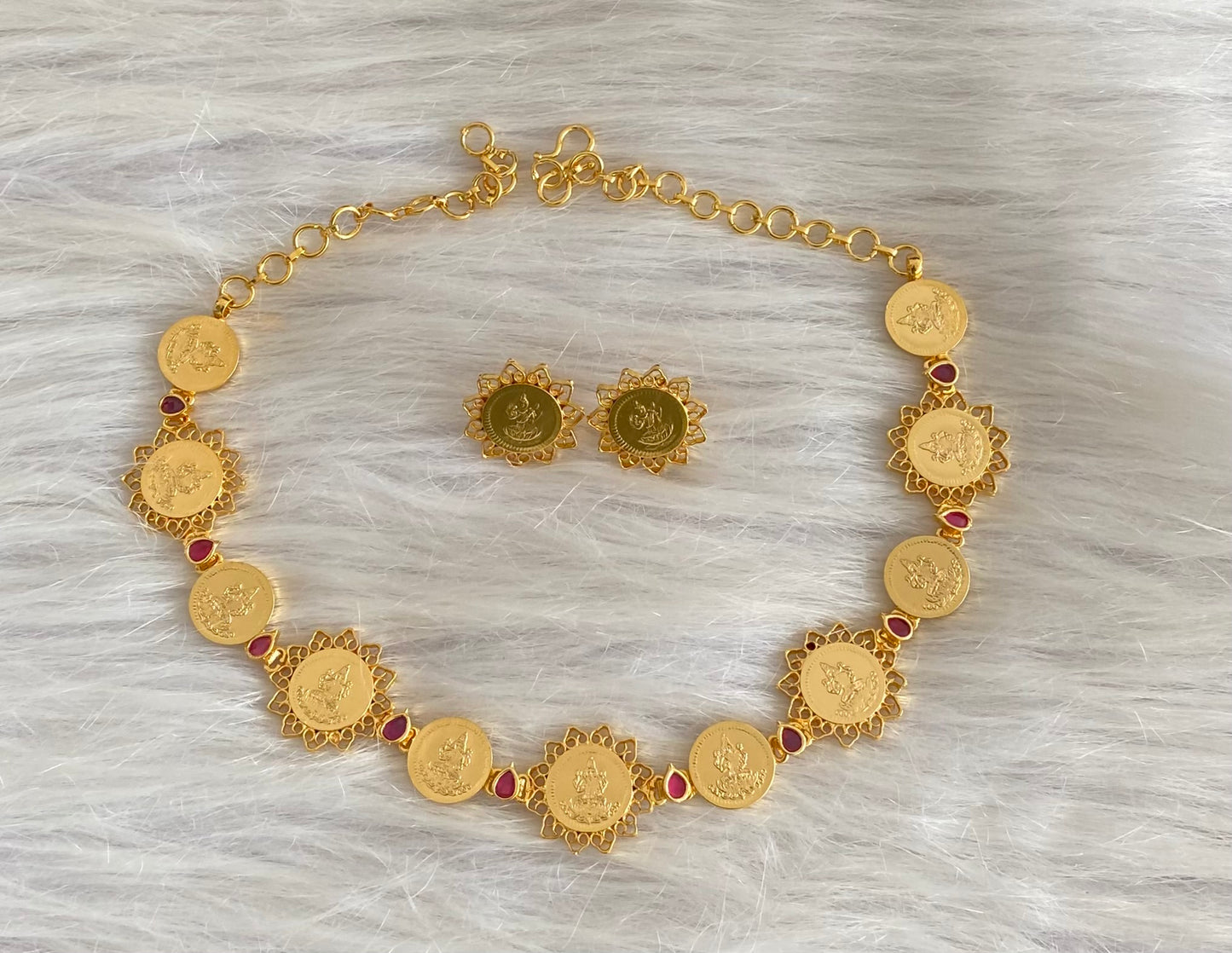 Gold tone pink stone lakshmi coin choker necklace set dj-54122
