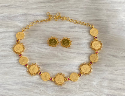 Gold tone pink stone lakshmi coin choker necklace set dj-54122