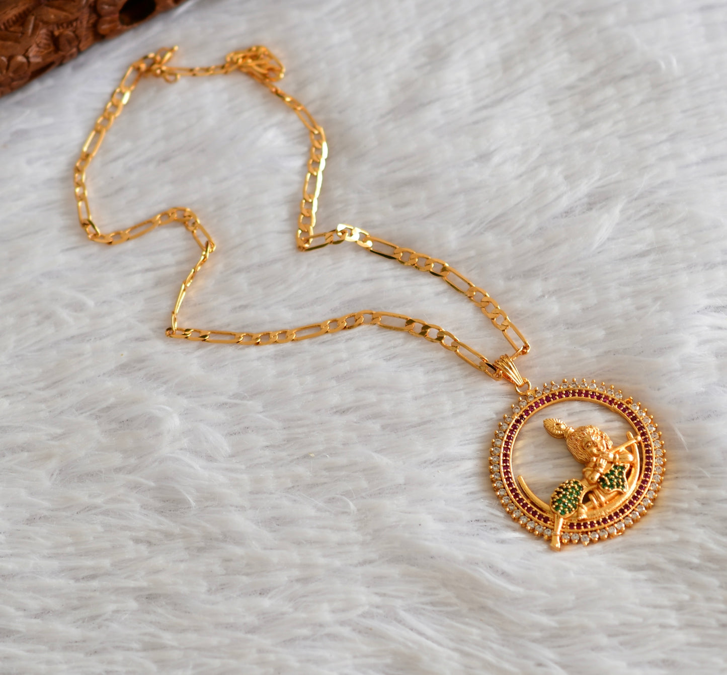 Gold tone 18 inches chain with ruby-green-white krishna round pendant dj-51920