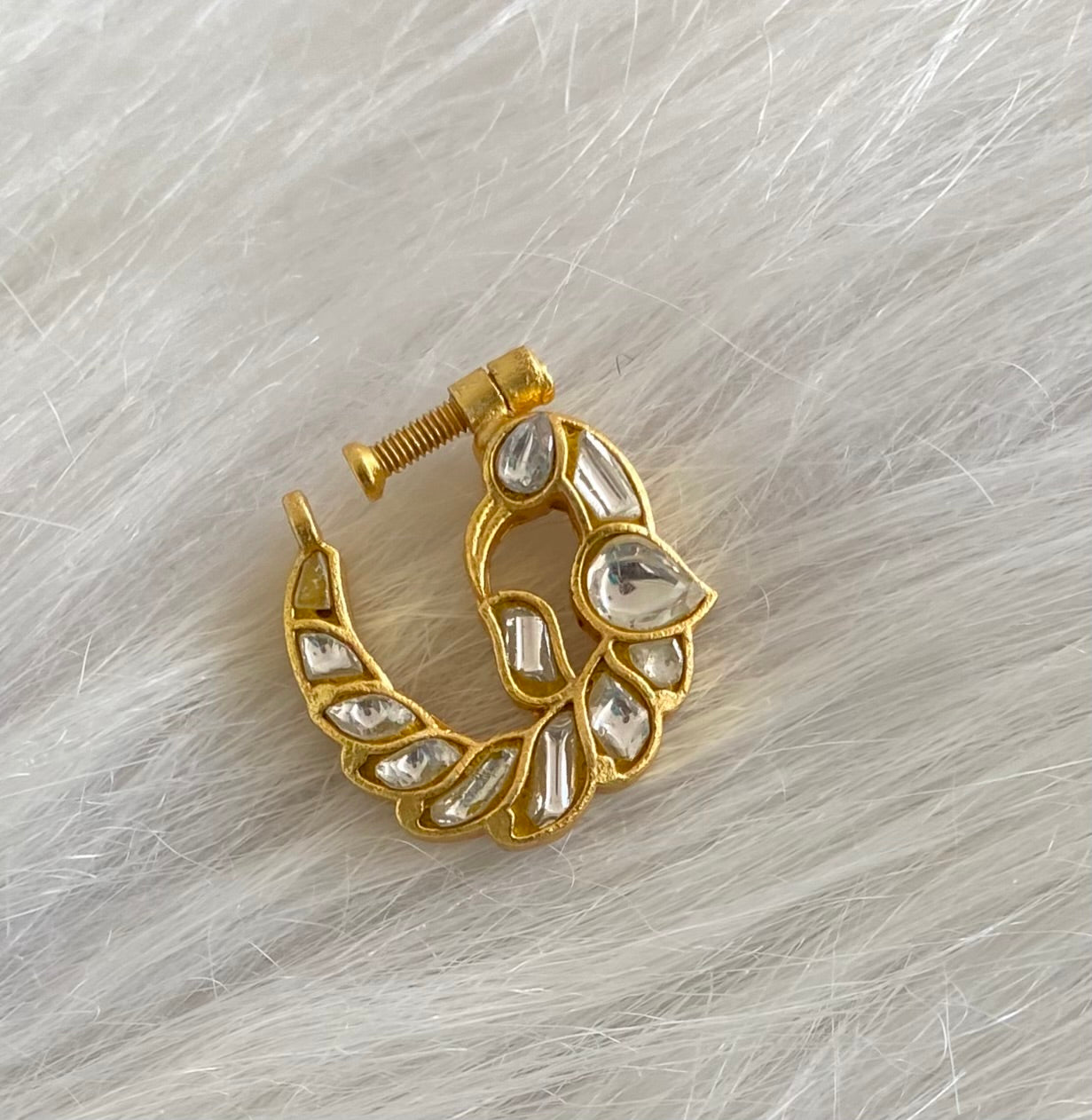 Gold tone kundan jadau white peacock nose pin dj-53713