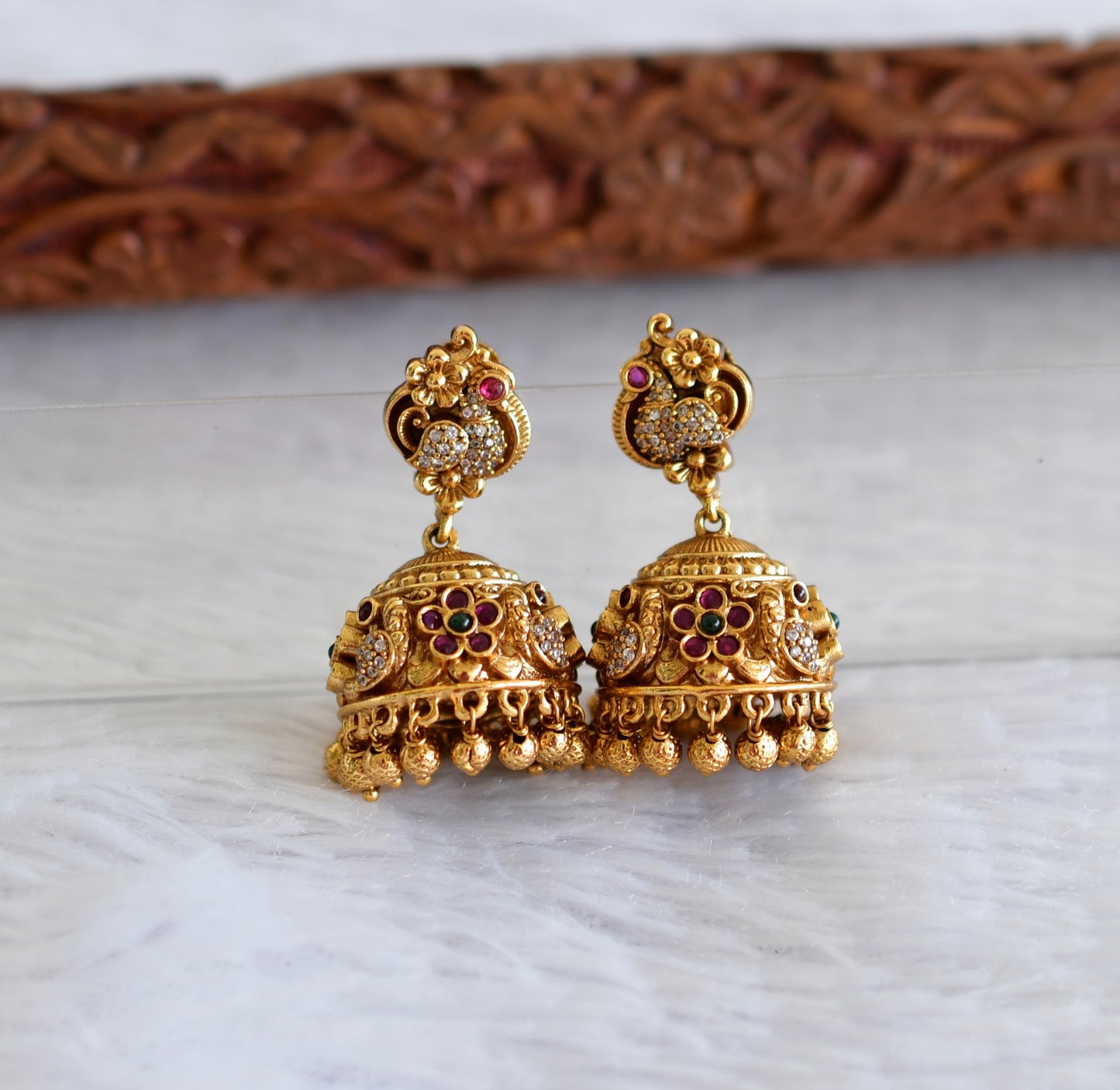 Antique gold tone kemp-green peacock jhumkka dj-51933