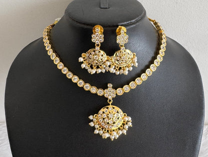 Gold Tone White AD South Indian Style Attigai/Necklace Set DJ28346