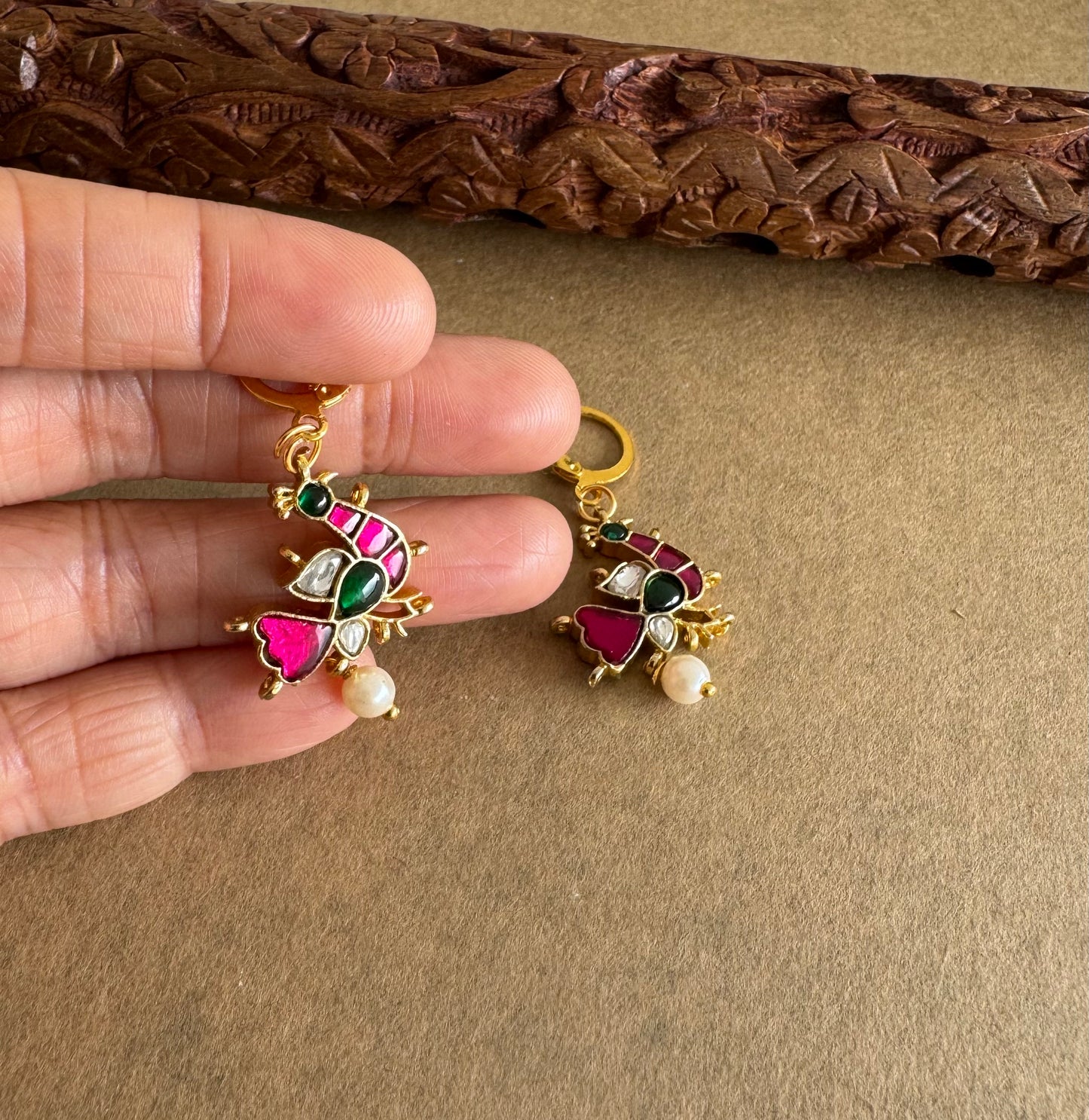 Gold tone pink-green-white kundan jadau peacock hook earrings dj-51529
