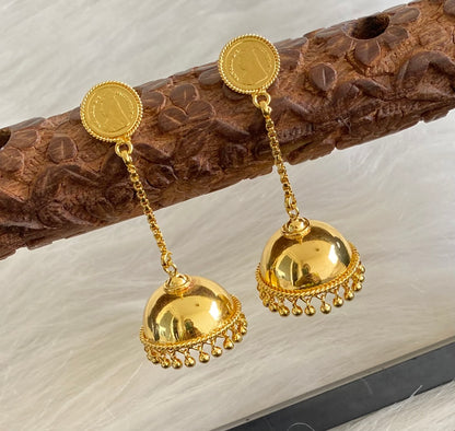 Gold tone kerala style head coin long jhumkka dj-54301