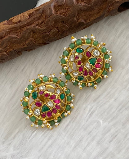 Gold tone pink-green-white pearl kundan jadau swan stud/earrings dj-53548