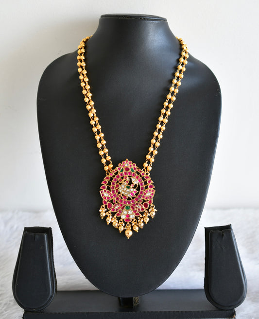 Gold tone pink-green kundan jadau peacock necklace dj-52582