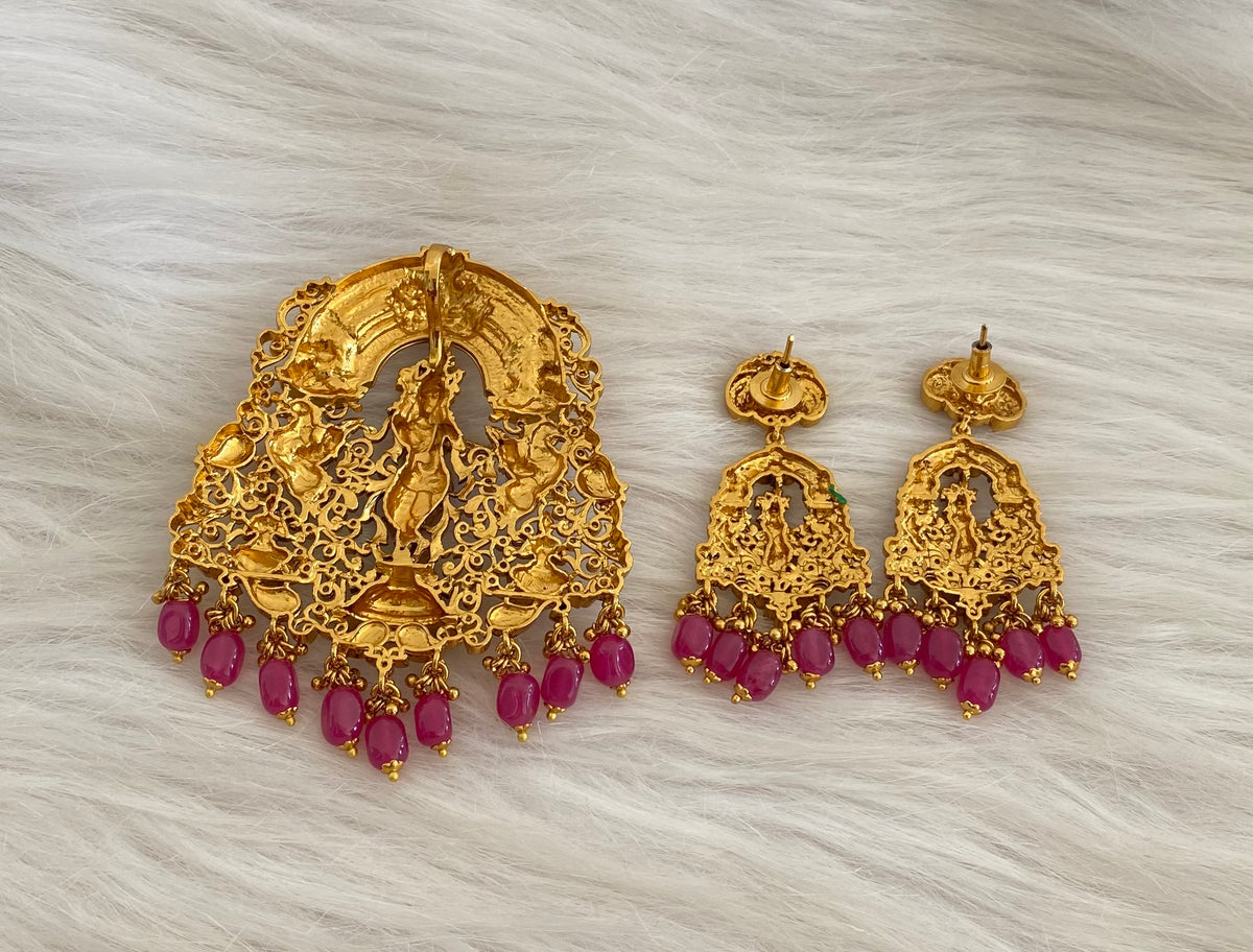 Matte finish ruby beaded krishna meenakari pendant set dj-54741