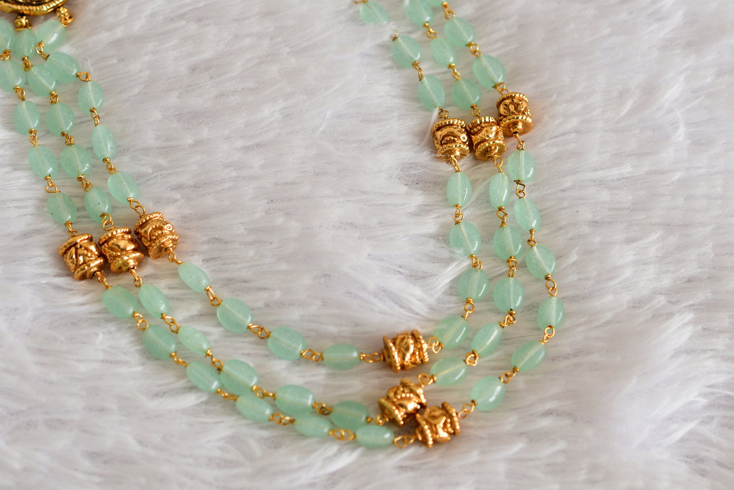Antique gold tone sea green beaded lakshmi peacock multi layer haar set dj-52428