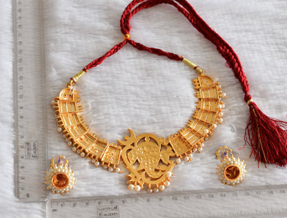 Gold tone kemp-green Ganesha poothali necklace set dj-52355
