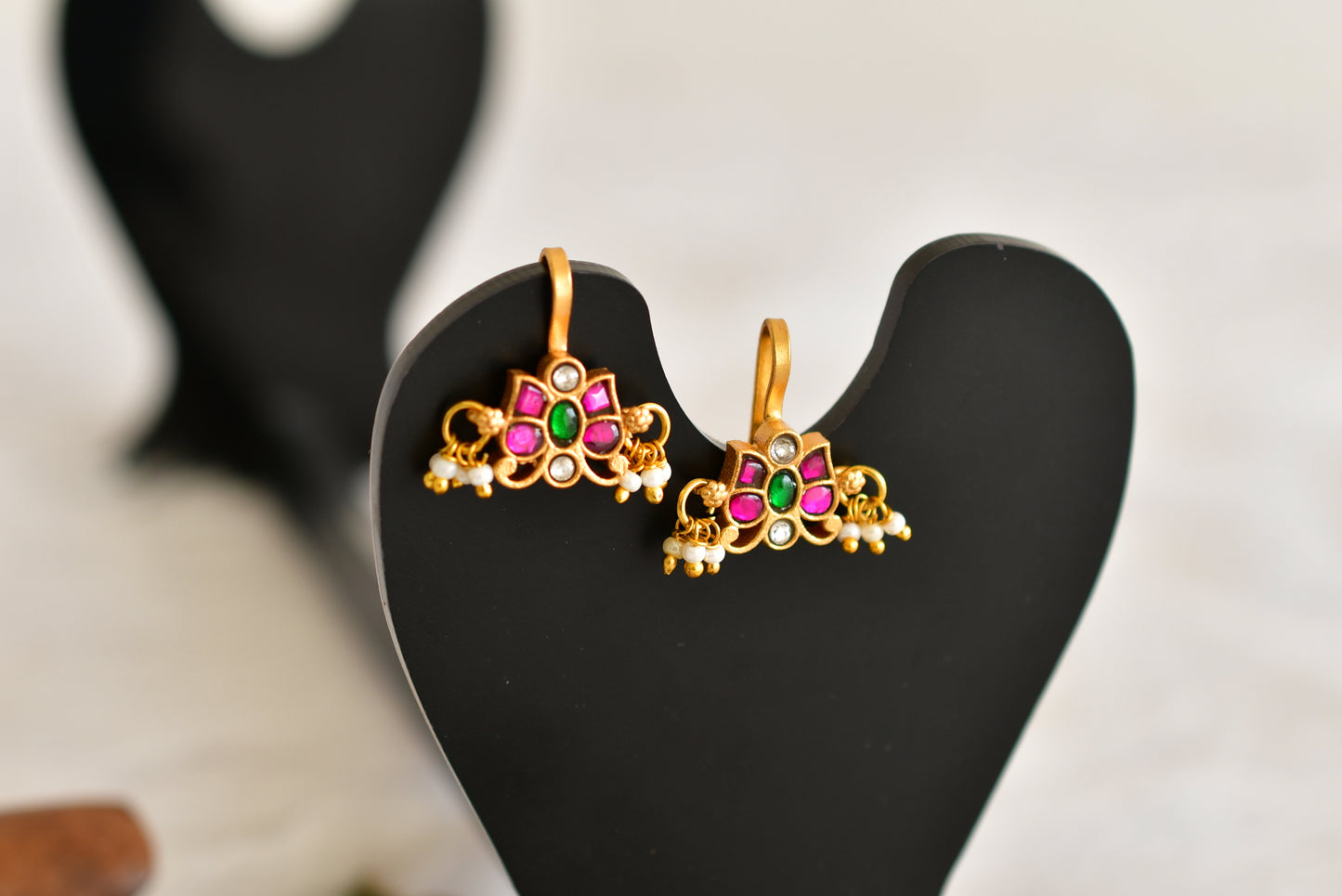 Gold tone pink-green-white kundan jadau butterfly bugadi earrings dj-52485