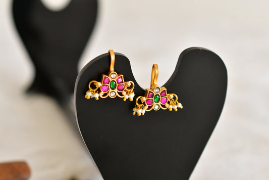 Gold tone pink-green-white kundan jadau butterfly bugadi earrings dj-52485