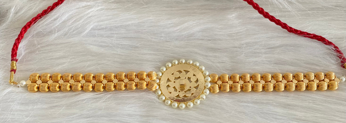Gold tone semi precious kemp-green-white pearl beaded choker dj-53932