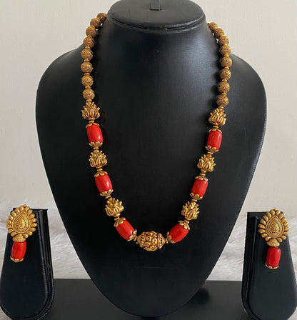 Antique gold tone coral nakshi beaded necklace set dj-54950