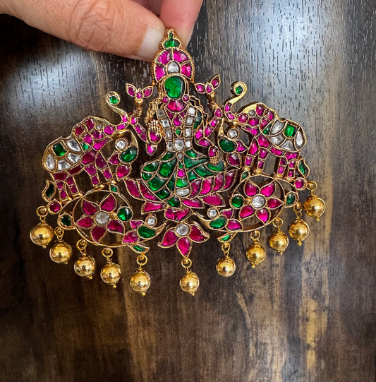 Gold tone pink-green-white kundan jadau big gajalakshmi pandent dj-52897