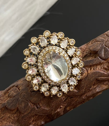 Two tone cz white kundan stone finger ring dj-53681