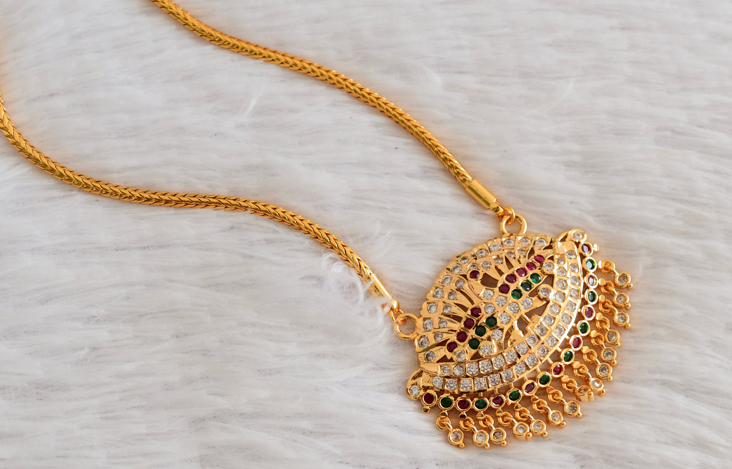 Gold tone AD pink-white-green peacock pendant with chain dj-53325